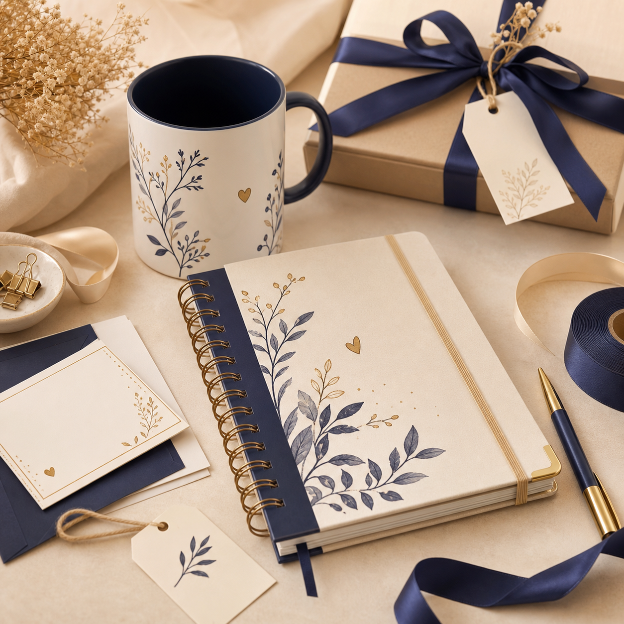 Caneca, agenda e embalagem de presente personalizados em tons de azul-marinho e dourado