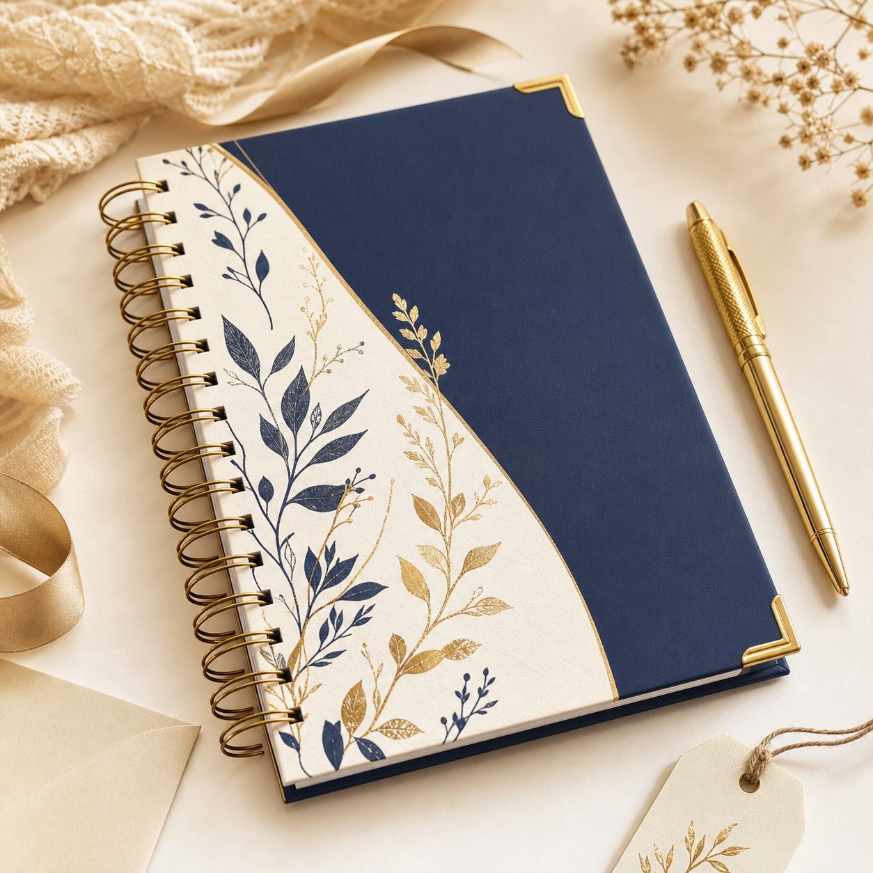 Agenda personalizada com capa azul, creme e dourada