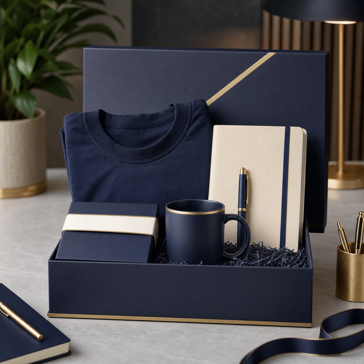 Kit de brindes corporativos personalizado com caixa, caneca e caderno