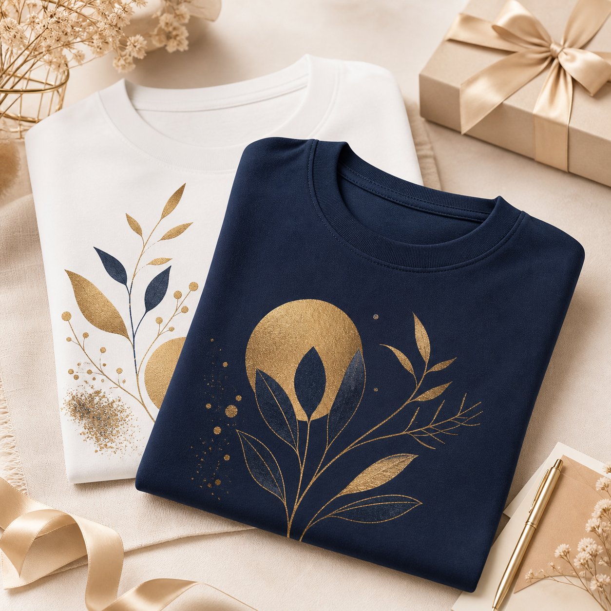 Camisetas personalizadas em azul, branco e dourado