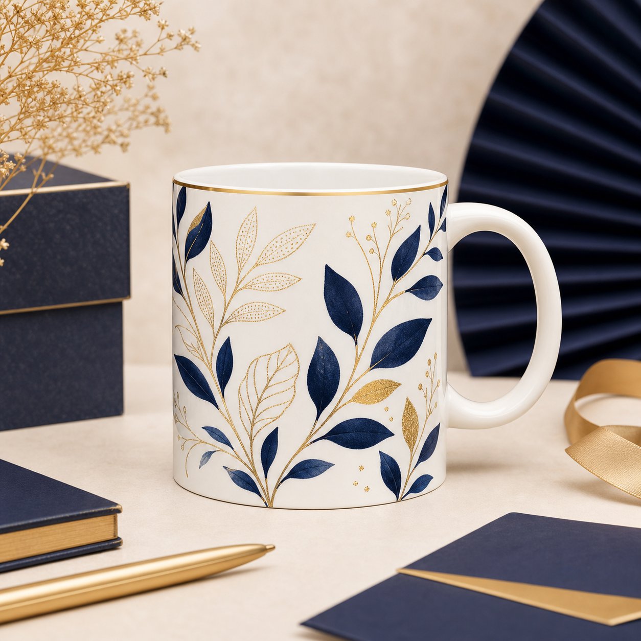 Caneca personalizada com padrão floral azul e dourado