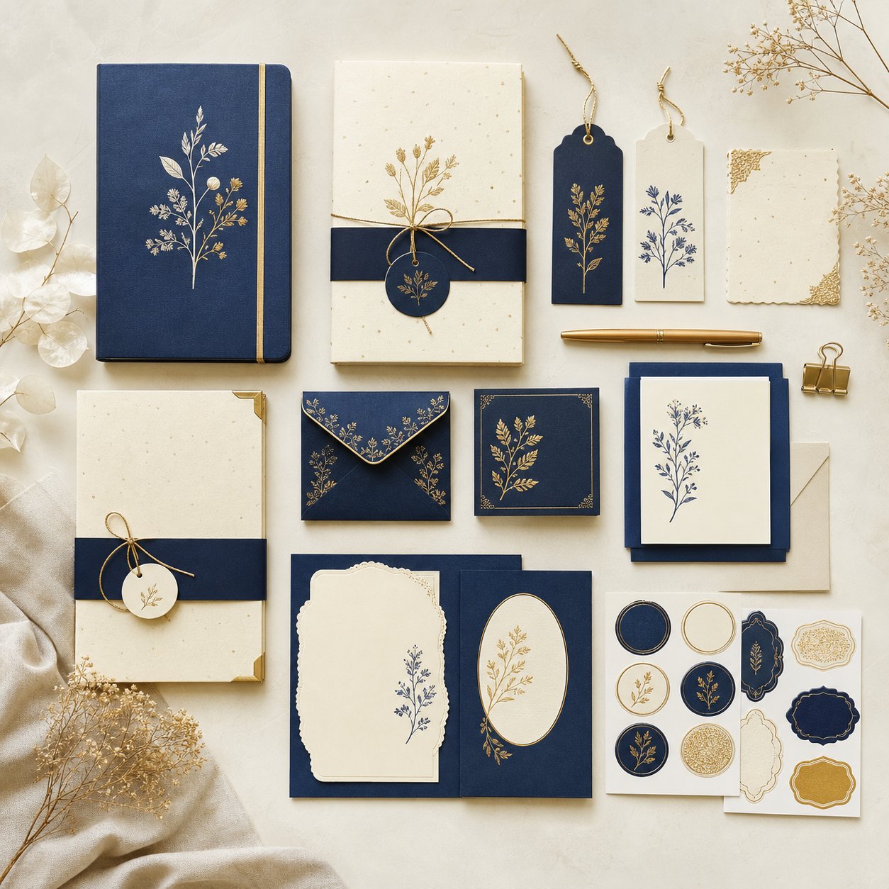 Kit de papelaria personalizada com tags, cartões e etiquetas